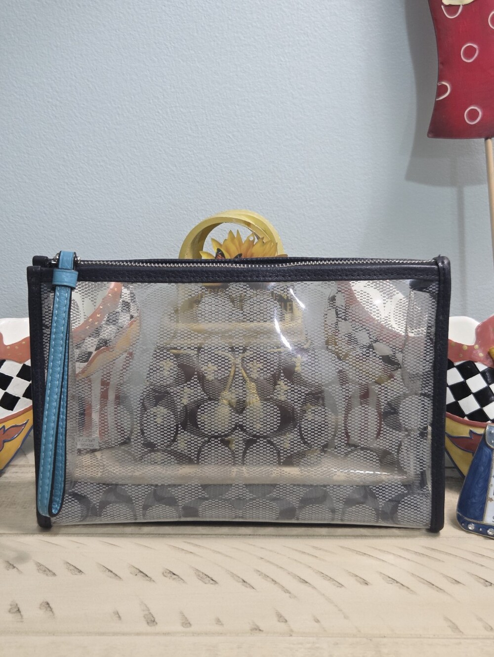 COACH SIGNATURE CLEAR TRANSPARENT CLUTCH BAG CLEAR/BLUE SIGNATURE C PVC, EUC